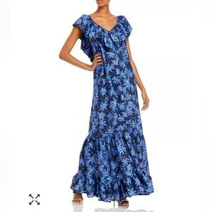 Sabina Musayev floral maxi dress blue black ruffle hem sash tie M
